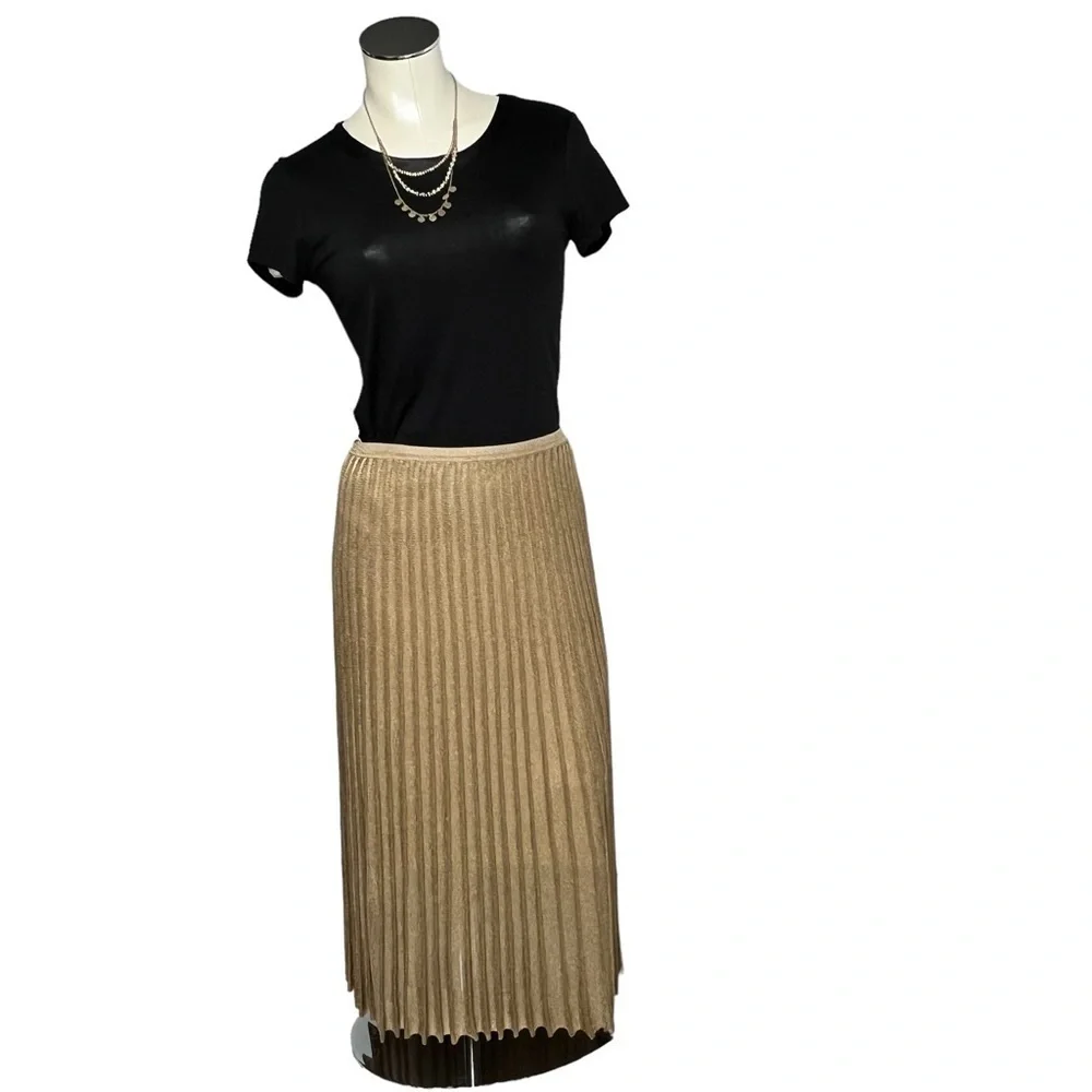 VINCE Pleated Gold Bronze Metallic Crochet Knit Midi Skirt Lined Size M - Picture 5 of 16